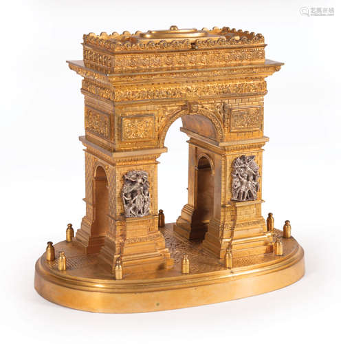 French Grand Tour Gilt Bronze Model of the Arc de Triomphe , mid-19th c., pediment with concealed