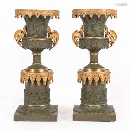 Pair of Louis Philippe Gilt and Patinated Bronze Urns , early 19th c., dragon handles, embellished