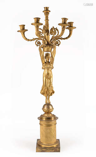 Large Louis Philippe Gilt Bronze Five-Light Figural Candelabrum , after a design by Pierre-