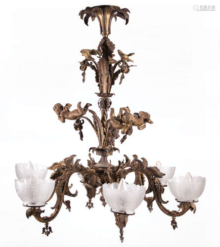 American Rococo Gilt Bronze Six-Light Figural Gasolier , mid-19th c., Cornelius & Baker, twist