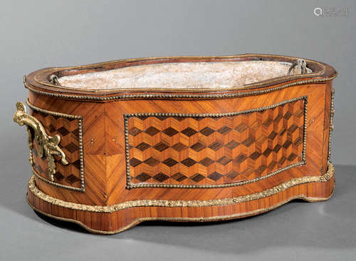 Napoleon III Bronze-Mounted Parquetry Jardinière , 19th c., serpentine oblong form, removable tole