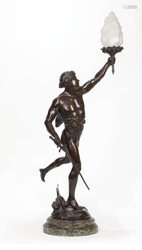 French Patinated Bronze and Marble Figural Lamp , c. 1920, figure of 