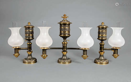 English Gilt and Patinated Bronze Three-Piece Argand Lamp Garniture , 19th c., Messenger & Sons,