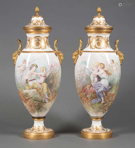 Pair of Gilt Bronze-Mounted Sevres-Style Polychrome and Gilt Porcelain Covered Vases , late 19th c.,