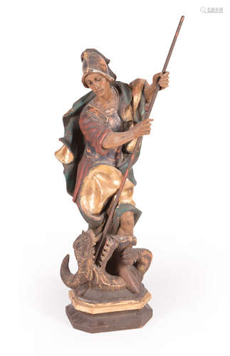 Continental Carved and Polychromed Wood Figure of St. George Slaying the Dragon , 