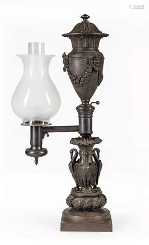 American Patinated Bronze Argand Lamp , c. 1840, labeled 