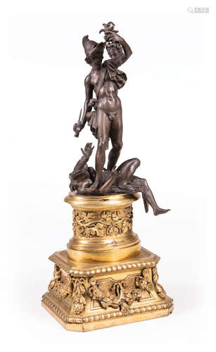 Patinated Bronze Figural Group of Perseus Defeating Medusa , h. 10 in., elaborately decorated gilt