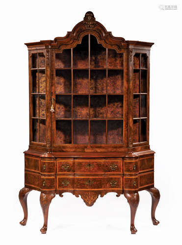 Antique Dutch-Style Carved and Inlaid Walnut Cabinet , foliate crest, stepped shaped cornice, glazed