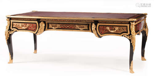 Louis XV-Style Bronze-Mounted, Boullework and Ebonized Bureau Plat , inset tooled leather top, three