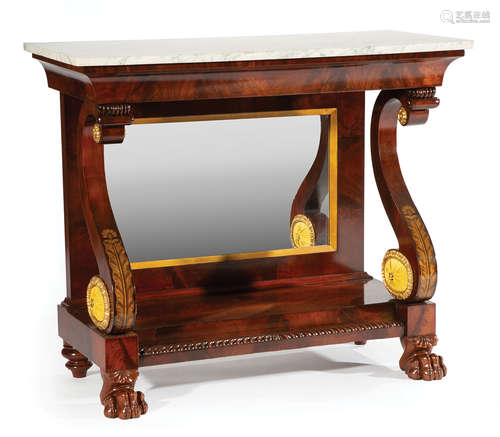 Pair of American Classical Carved and Stenciled Mahogany Pier Tables , c. 1830, Philadelphia,