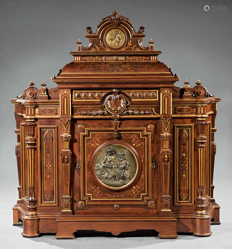 Fine American Renaissance Bronze-Mounted and Gilt-Incised Walnut and Burled Parlor Cabinet , c.