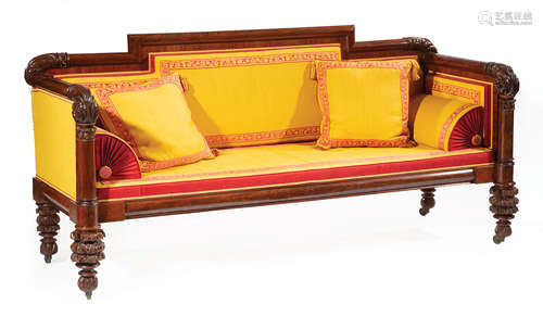 American Classical Carved Mahogany Box Sofa , c. 1825, New York, stepped tubular crest rail with