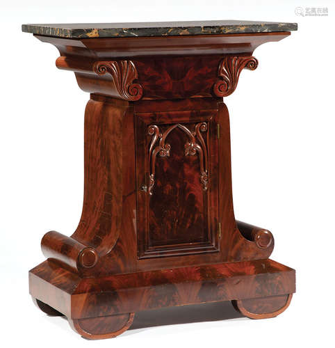 American Classical Carved Mahogany Mixing Cabinet , c. 1835, Egyptian marble top, foliate scrolled