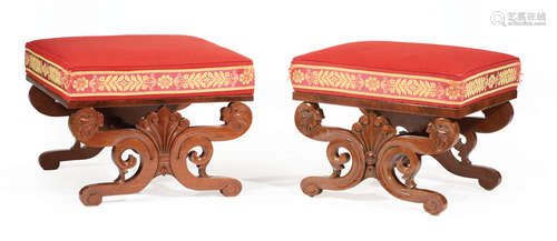 Pair of American Classical Carved Mahogany Tabourets , c. 1835, upholstered seat, foliate scrolled