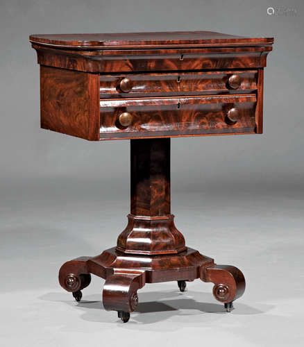 American Classical Carved Mahogany Work Table , early 19th c., converted hinged top now fitted as