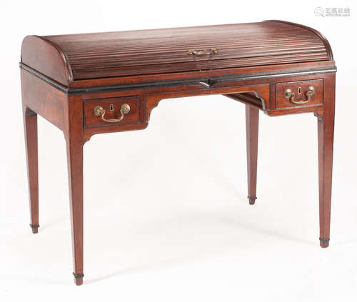 George III Carved Mahogany Tambour Writing Desk , c. 1780, cylindrical top opening to original