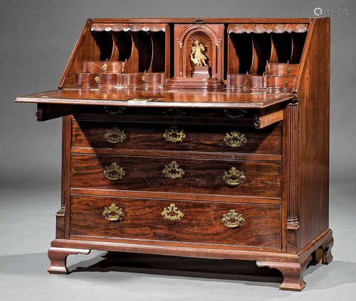 George III Inlaid Mahogany Secretary , late 18th c., fall front door, well-fitted interior, four