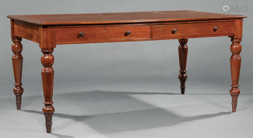 William IV Carved Mahogany Writing Table , mid-19th c., inset leather top, four frieze drawers,