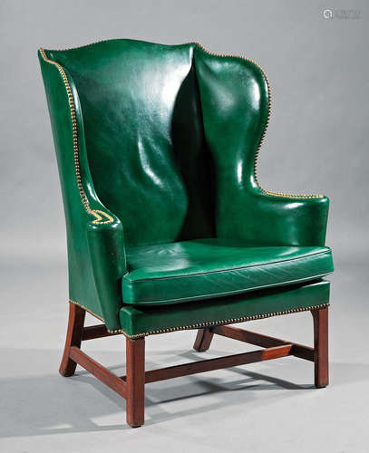 Georgian-Style Leather Wing Chair , brass nailhead trim, chamfered legs , h. 43 1/2 in., w. 34 1/2