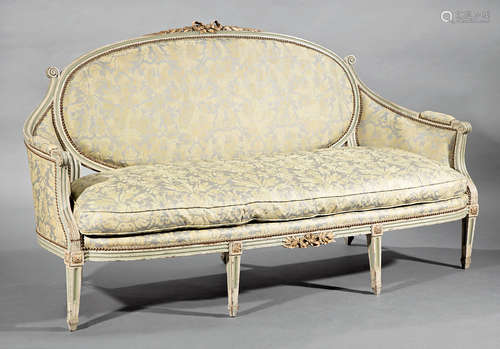 Louis XVI Carved, Painted and Parcel Gilt Canape , 18th c., molded crest rail surmounted by a