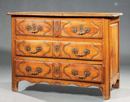 Antique French Provincial Carved Fruitwood Commode , molded top, three cartouche-paneled drawers,