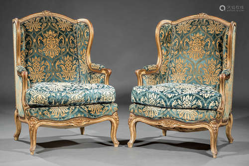 Pair of Antique Louis XV-Style Carved Giltwood Bergeres à Oreilles , floral-carved crest, padded