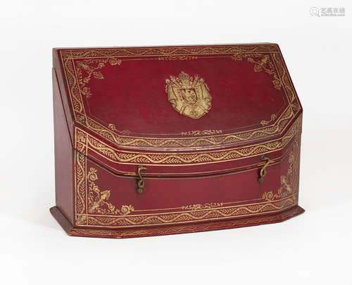 Russian Gilt Tooled Leather Letter Box , 19th c., divided interior, h. 9 in., w. 13 in., d. 6 1/2 in