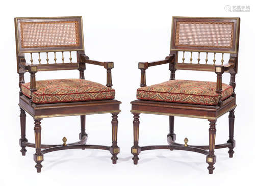 Pair of Continental Neoclassical-Style Brass-Mounted Mahogany Fauteuils , 19th c., rectangular caned