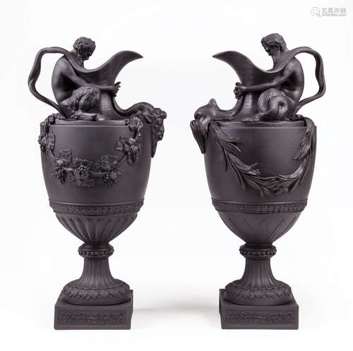 Pair of Wedgwood Black Basalt Ewers Emblematic of Water and Wine, 'Sacred to Neptune and