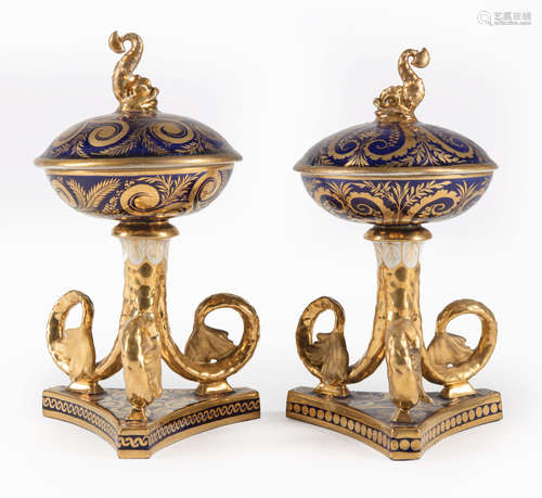 Pair of Derby Cobalt and Gilt-Decorated Porcelain Covered Master Salts , c. 1806-25, marked, dolphin