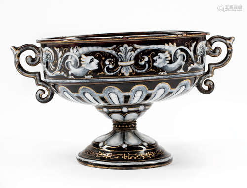 French Enamel Footed Bowl , 19th c., scroll handles, anthropomorphic frieze, splayed stem foot,