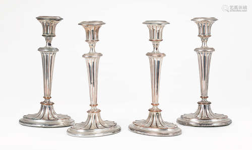 Set of Four Antique English Silverplate Candlesticks in the George III Taste , early 20th c.,