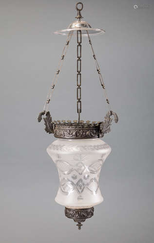 American Classical Patinated Metal Hall Lantern , early-to-mid 19th c., foliate mounts, concave