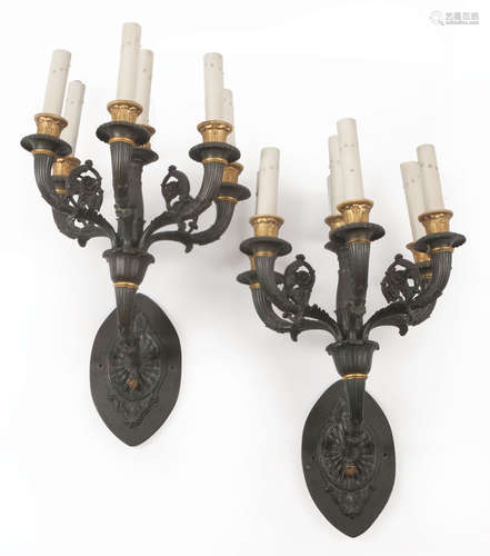 Pair of Empire-Style Gilt and Patinated Bronze Six-Light Wall Sconces , 19th c., foliate