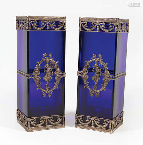 Pair of French Empire-Style Silvered Metal-Mounted Cobalt Glass Vases , probably early 20th c.,