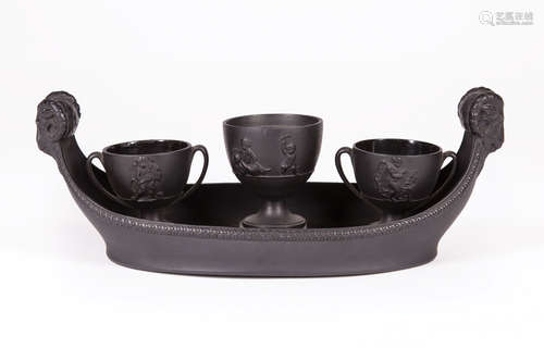 Wedgwood Black Basalt Canopic Inkstand , c. 1805-10, three cups with Bacchanalian boys in relief,