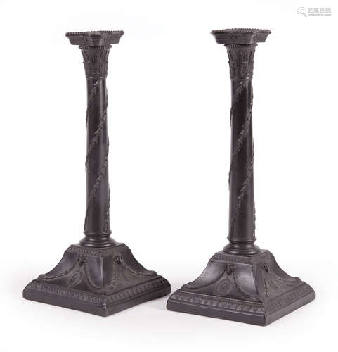 Pair of Wedgwood Black Basalt Columnar Candlesticks , c. 1890, impressed 