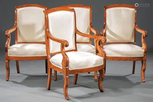 Four Louis Philippe Carved Mahogany Fauteuils , 19th c., arched crest rail, scrolled lappet-carved