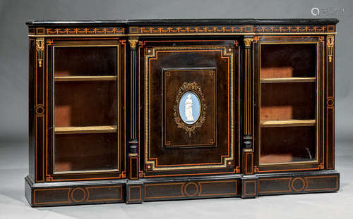 Antique Louis XVI-Style Bronze-Mounted, Inlaid, and Ebonized Parlour Cabinet , shaped top, two