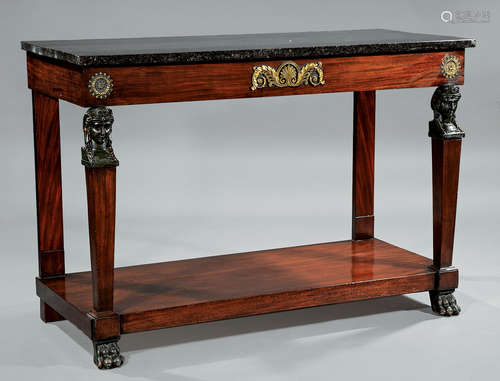 Empire Bronze-Mounted Mahogany Console , 19th c., black marble top, Egyptianesque bust supports,