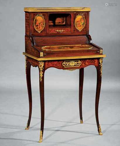 Louis XVI-Style Bronze-Mounted, Painted, Parquetry and Marquetry Escritoire , galleried fitted