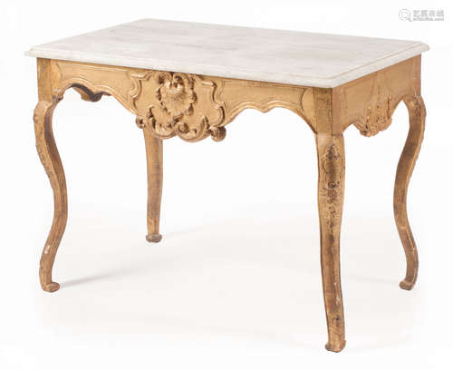 Italian Neoclassical Carved Giltwood Salon Table , 19th c., molded marble top, rocaille serpentine