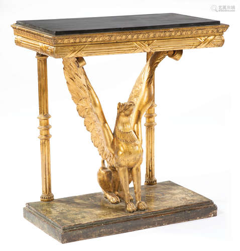 Italian Painted and Giltwood Console Table , 19th c., inset wood top, classical frieze, griffin