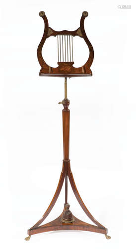 Continental Bronze-Mounted and Inlaid Mahogany Music Stand , 19th c., adjustable lyre shaped music