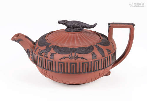 Wedgwood Rosso Antico Covered Teapot , c. 1805, impressed uppercase mark, Egyptianesque