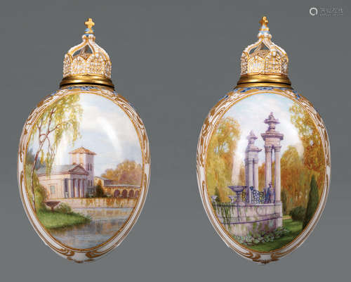 Pair of Continental Polychrome and Gilt Porcelain Egg-Form Vessels with Stoppers , 19th c., possibly