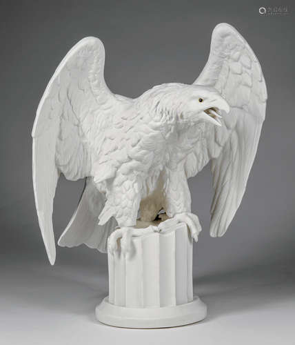 Large Edward Marshall Boehm Bisque Porcelain Eagle , black script mark, on fluted column, h. 15 1/