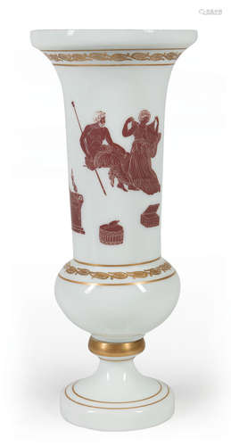 Large Continental Gilt-Decorated White Opaline Glass Vase , painted in the Etruscan style with