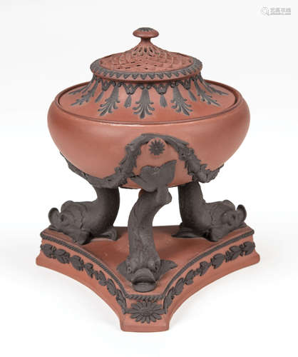 Wedgwood Rosso Antico Tripod Covered Censer , c. 1805, impressed uppercase mark, Egyptianesque