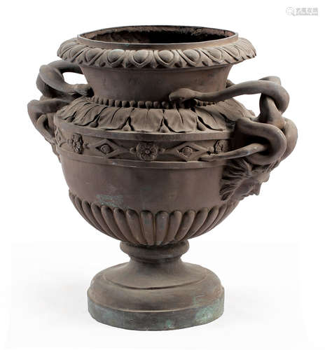 Continental Patinated Bronze Garden Urn , 20th c., entwined serpent handles , h. 34 in., w. 32